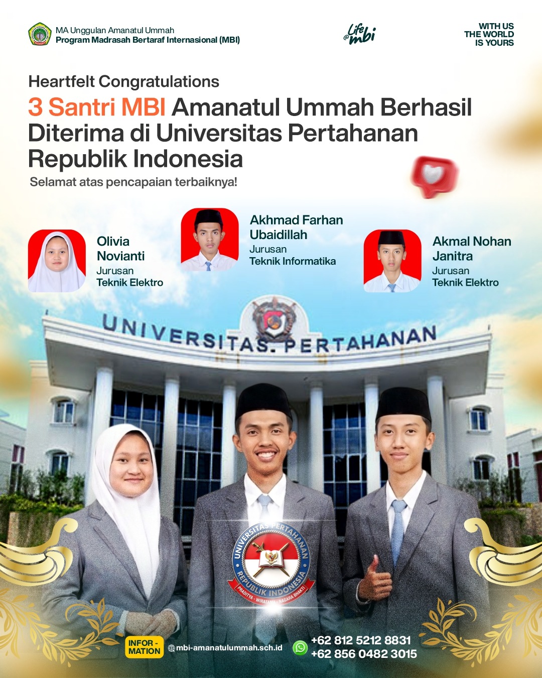 Tiga Santri MBI MA Unggulan Amanatul Ummah Berhasil Tembus Universitas Pertahanan RI