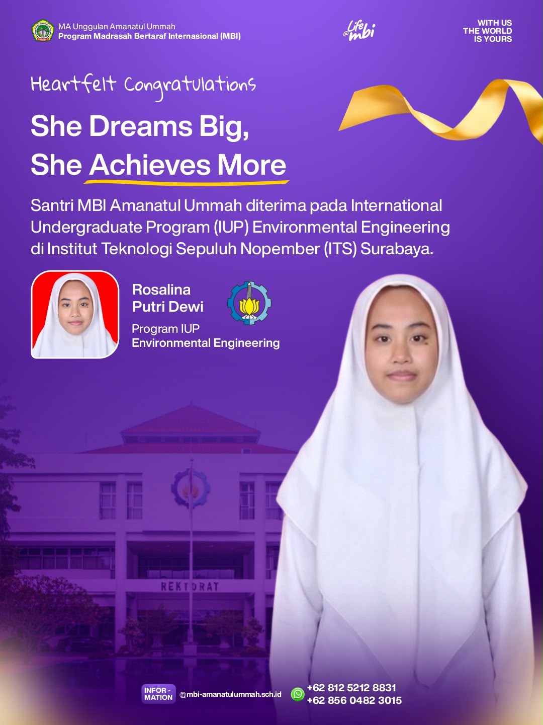 Menuju Panggung Dunia: Rosalina Putri Dewi Santri MBI Amanatul Ummah Diterima di IUP Teknik Lingkungan ITS