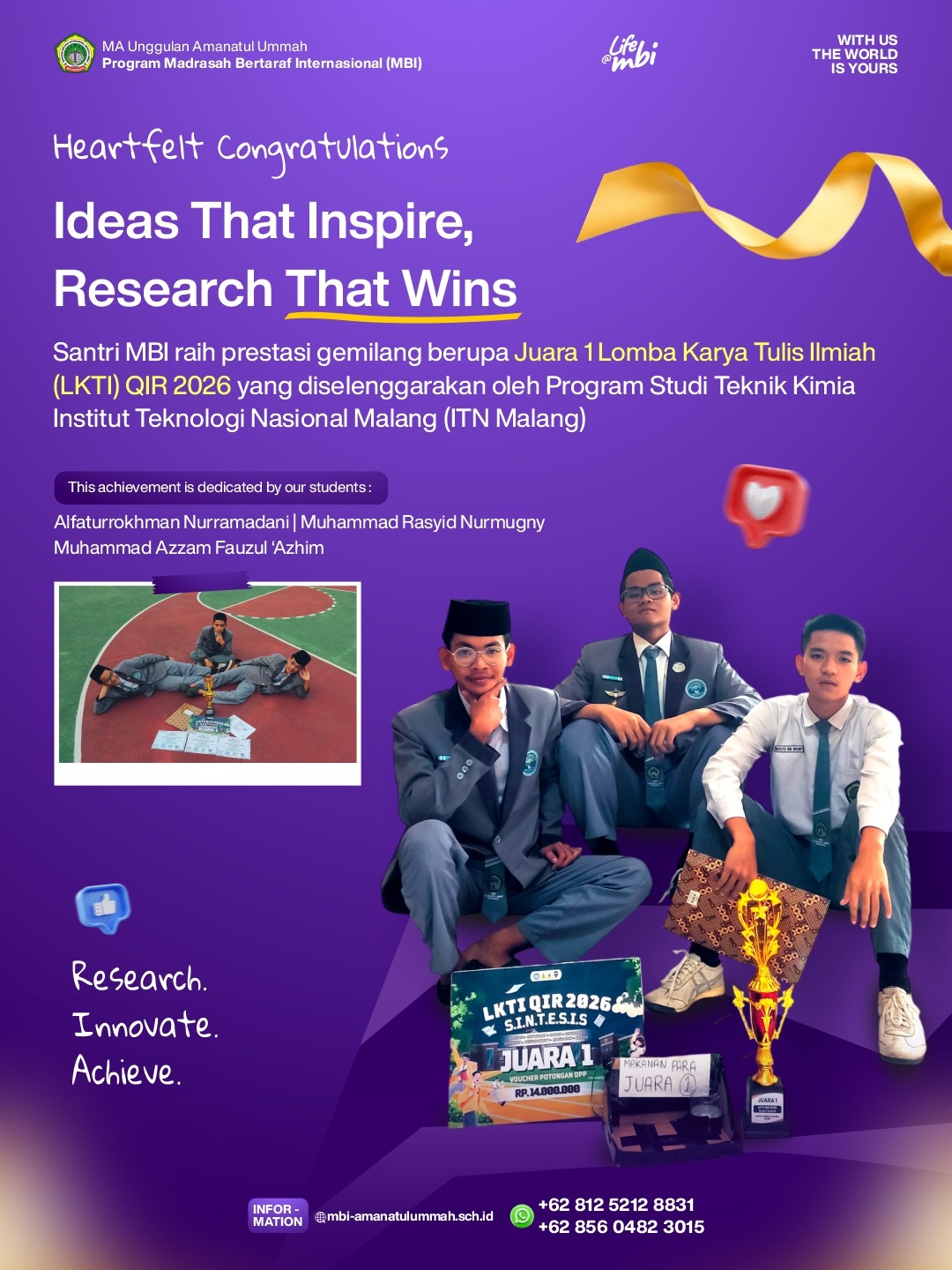 Borong Podium! Santri MBI Amanatul Ummah Sapu Bersih Juara 1, 2, dan 3 LKTI QIR 2026 ITN Malang