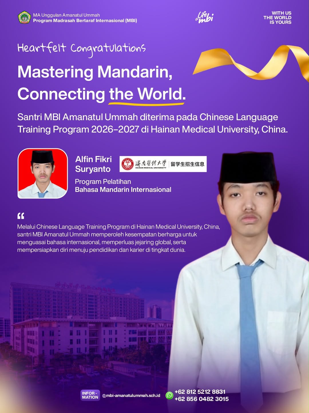 Kuasai Mandarin Tembus Panggung Dunia: Santri MBI Amanatul Ummah Diterima Program Bahasa di Hainan Medical University China